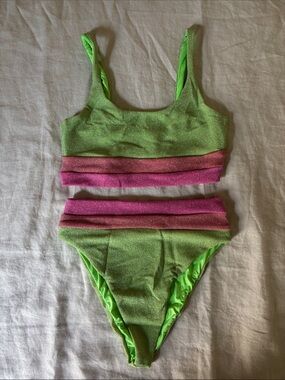 Beach Riot Neon Green and Pink Sparkle Two-Piece Bikini